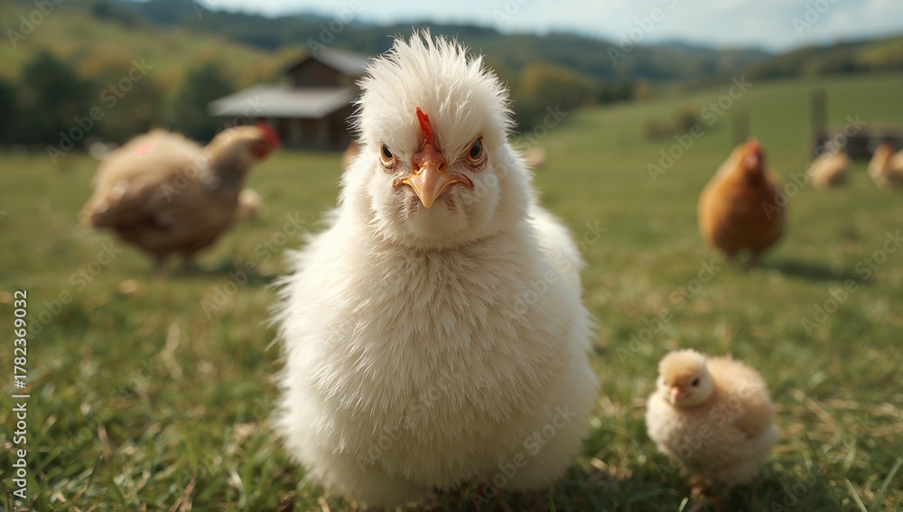 Obraz premium Adorable fluffy chicken on a sustainable poultry farm, showcasing the benefits of eco-friendly farming practices