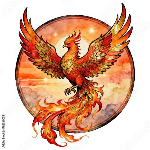 Majestic phoenix bird with fire wing rising up. fantasy illustration from mythology about rebirth and sun