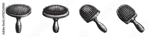 Collection of vintage hairbrushes on a white background.