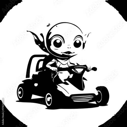 Charming cartoon alien character with large eyes and pointed ears driving a stylized go-kart, black and white vector.