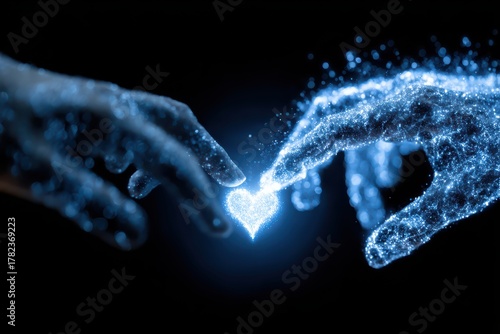 Two glowing digital hands connecting to form a particle heart