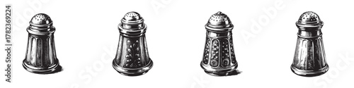 Collection of vintage salt shakers in a classic black and white illustration style.