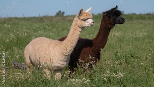 Two alpacas (Lama pacos), o...