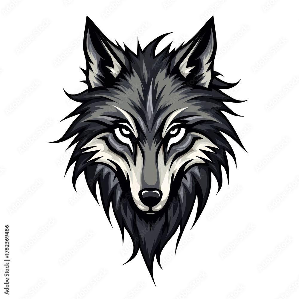 Fototapeta premium Fierce gray wolf head mascot illustration. An intense animal symbol with powerful and serious expression