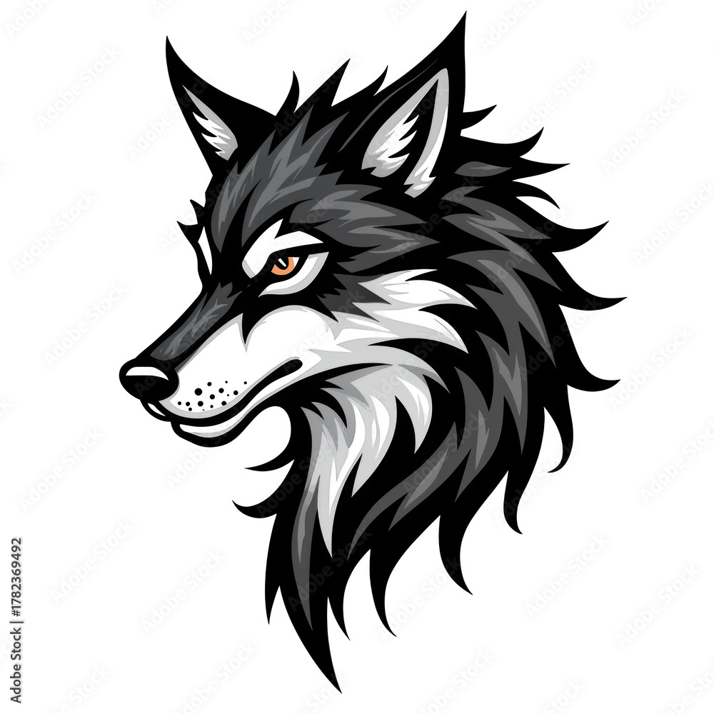 Naklejka premium Fierce angry wolf head illustration showing wild canine mascot. black and gray graphic with an intense look