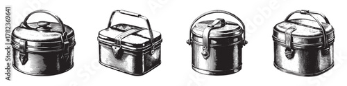 Four black and white vintage lunch boxes with handles, showcasing classic design elements.