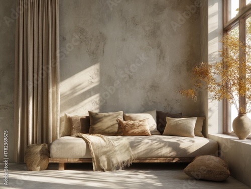 A couch with pillows and a blanket on it. A vase with flowers on a windowsill