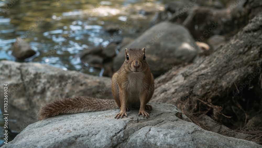 Naklejka premium A squirrel perched on rocks by the riverbank, observing its surroundings, seasonal change