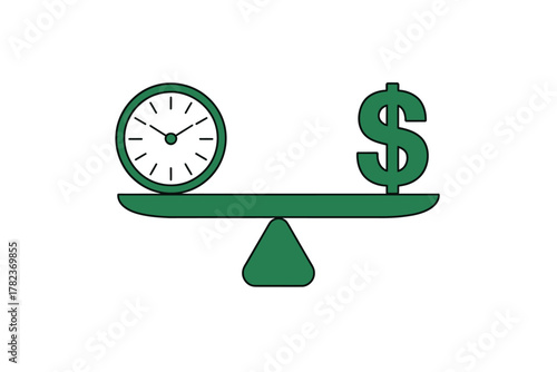 Balancing time and money with a green scale showing the importance of time management in financial planning