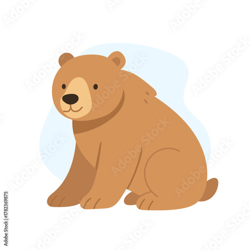 peaceful brown bear in nature, serene cartoon bear with gentle expression, charming illustrated bear featuring warm fur and tranquil countryside background for children