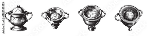 Four elegant vintage colanders showcasing intricate designs and craftsmanship.