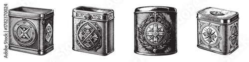 Four intricately designed antique metal containers showcasing detailed engravings.