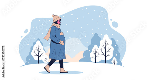 Pregnant woman walking in winter landscape, perfect for maternity and parenting topics, advertisement