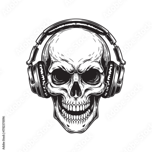 Skull wearing headphones listening to music in black and white style