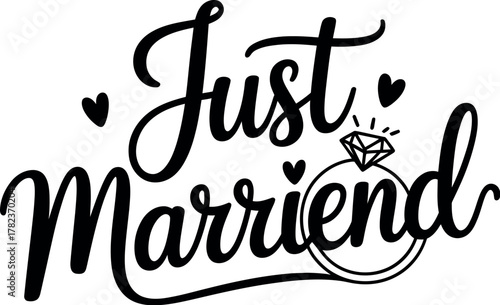 Elegant just married calligraphy design with diamond ring and hearts for wedding celebrations and decorations