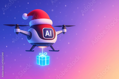 Futuristic drone wearing Santa hat delivering glowing AI gifts on vibrant winter gradient background, minimal holiday concept with space for text, modern tech delivery scene