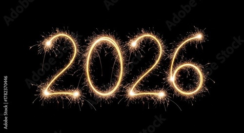 Sparkling 2026 numbers illuminated by fireworks on black background