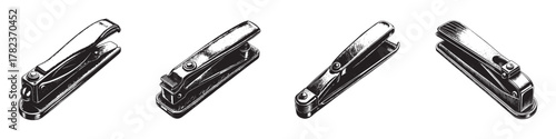 Four sleek nail clippers in different positions against a white background.