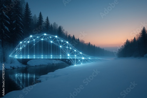Futuristic bridge made of glowing neural network lines crossing snowy river in winter landscape, minimal AI concept with gradient sky and space for text, innovation and connection