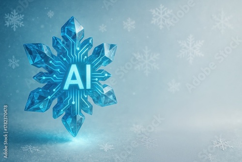Futuristic snowflake with AI and circuit pattern glowing on icy background winter technology concept with digital intelligence and festive elements space for text