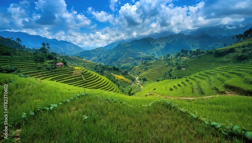 Lush green rice terrace in ...