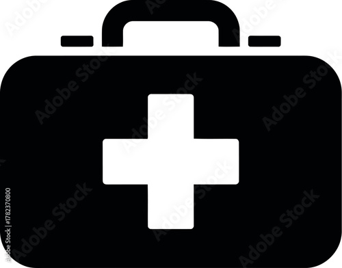 Black and white graphic of a first aid kit with a white cross on the front for medical emergencies and healthcare