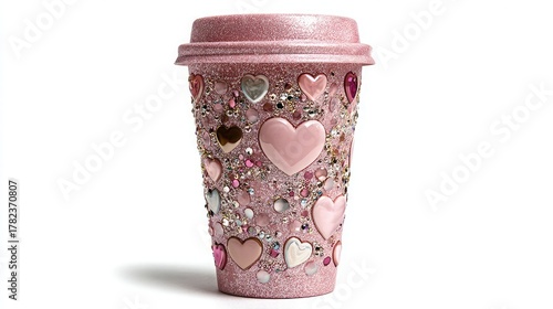 Pink glitter heart coffee cup travel mug valentine