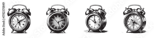 Four vintage alarm clocks showcasing different times, highlighting the passage of time and nostalgia.