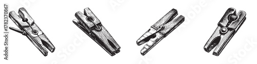 Four vintage clothespins showcasing a classic design and varied positions.
