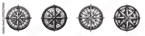 Four vintage compass designs showcasing intricate details and classic elegance.
