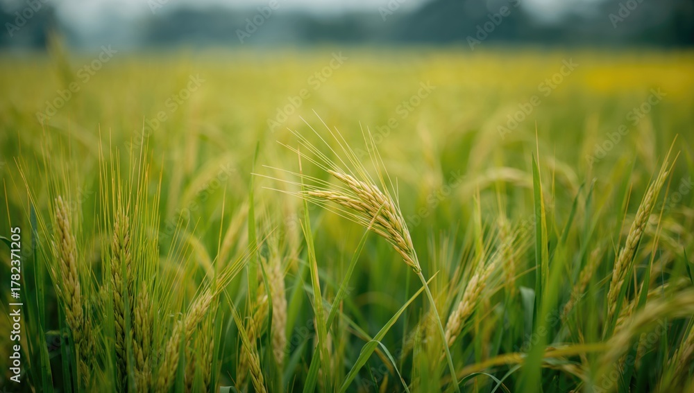 Naklejka premium Green wheat field, agricultural landscape, fiber-dense choice