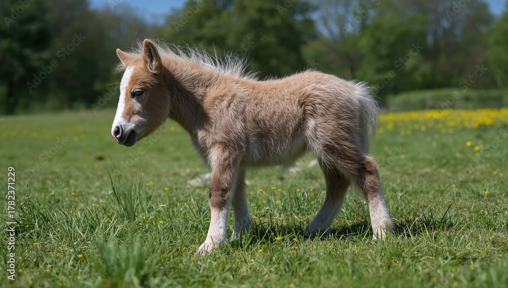 Fototapeta premium Little Shetland pony foal, showcasing playful innocence and exploration