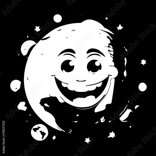 Cheerful Cartoon Earth with a Wide Grinning Face in Space