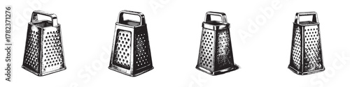Four vintage graters in various styles, showcasing their intricate designs and textures.