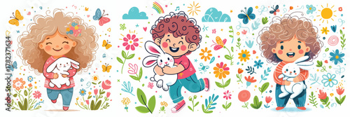 Vector image set of a little boy holding a rabbit on a white background