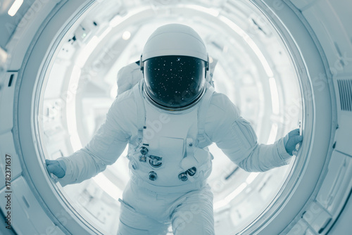 An astronaut inside a spaceship walks down a corridor in a spacesuit, a sci-fi concept, interplanetary and interstellar travel, and futurism
