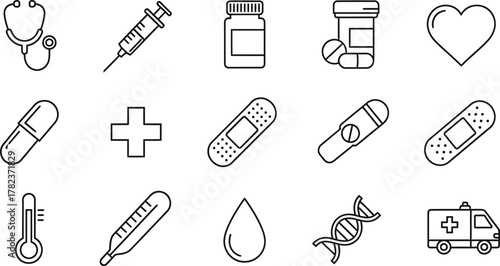 Essential healthcare icons collection for medical designs and wellness promotions showcasing modern medicine, perfect for health blogs or medical websites