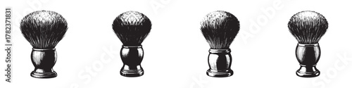 Four vintage shaving brushes showcasing different styles and designs in a monochrome illustration.