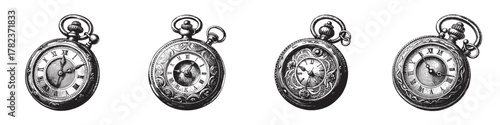 Four vintage pocket watches showcasing intricate designs and classic aesthetics.