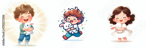 Vector image set of a little boy holding a rabbit on a white background