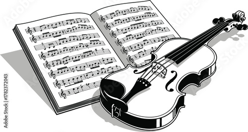 Discover musical inspiration with violin and sheet music for classical performance in black and white artistic style that evokes creativity and passion