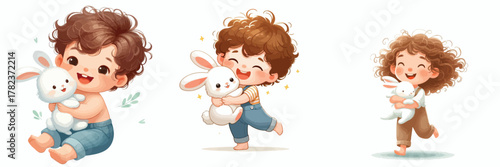 Vector image set of a little boy holding a rabbit on a white background
