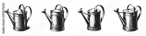 Four vintage watering cans showcasing diverse designs and shapes, perfect for garden aesthetics.