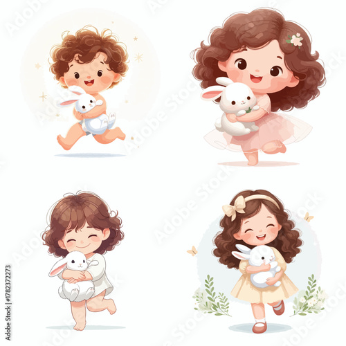 Vector image set of a little boy holding a rabbit on a white background