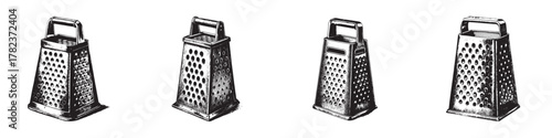 Four vintage-style kitchen graters in black and white showcasing their intricate designs.