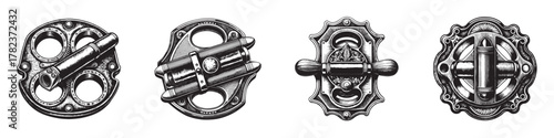 Illustration of four vintage metallic clasps, showcasing intricate designs and textures.