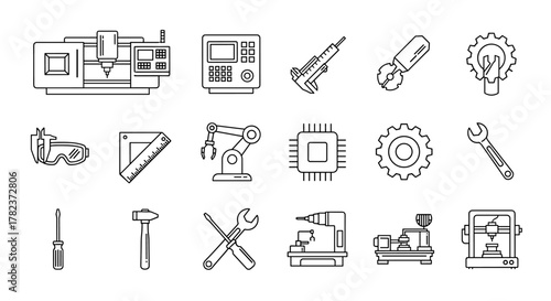Set of outline vector icons representing CNC machines, mill controllers, industrial tools, robotic arms, gears, wrenches, screwdrivers, hammers, and safety goggles, symbolizing precision engineering
