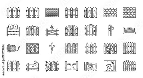 Collection of diverse fence designs and related elements, meticulously drawn with thin lines, ideal for apps, websites, banners, and infographics. This vector cartoon illustration set includes