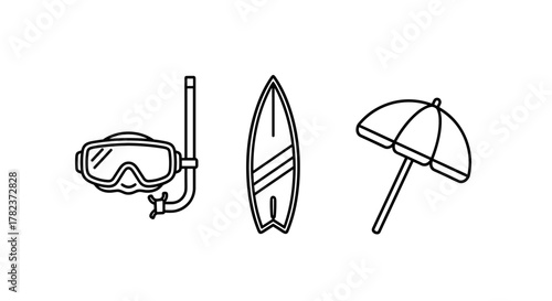 A minimalist vector illustration bundle featuring a diving mask with snorkel, a surfboard, and a beach umbrella, presented as outline icons. This collection is perfect for graphic design, web design