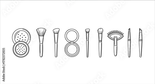 Minimalistic outline icons of cosmetic brushes and makeup tools, including powder compacts, various brush types, an eye massager, and eyeliner applicators, presented in a clean, vector cartoon style